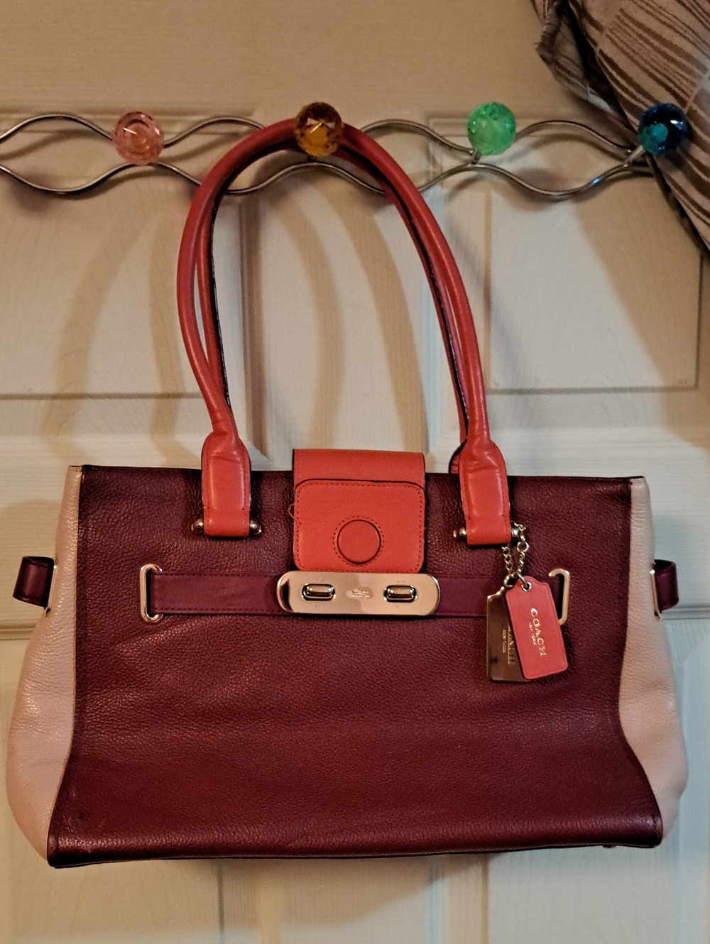 Coach Two-Tone Leather Tote Bag in Burgundy and Cream